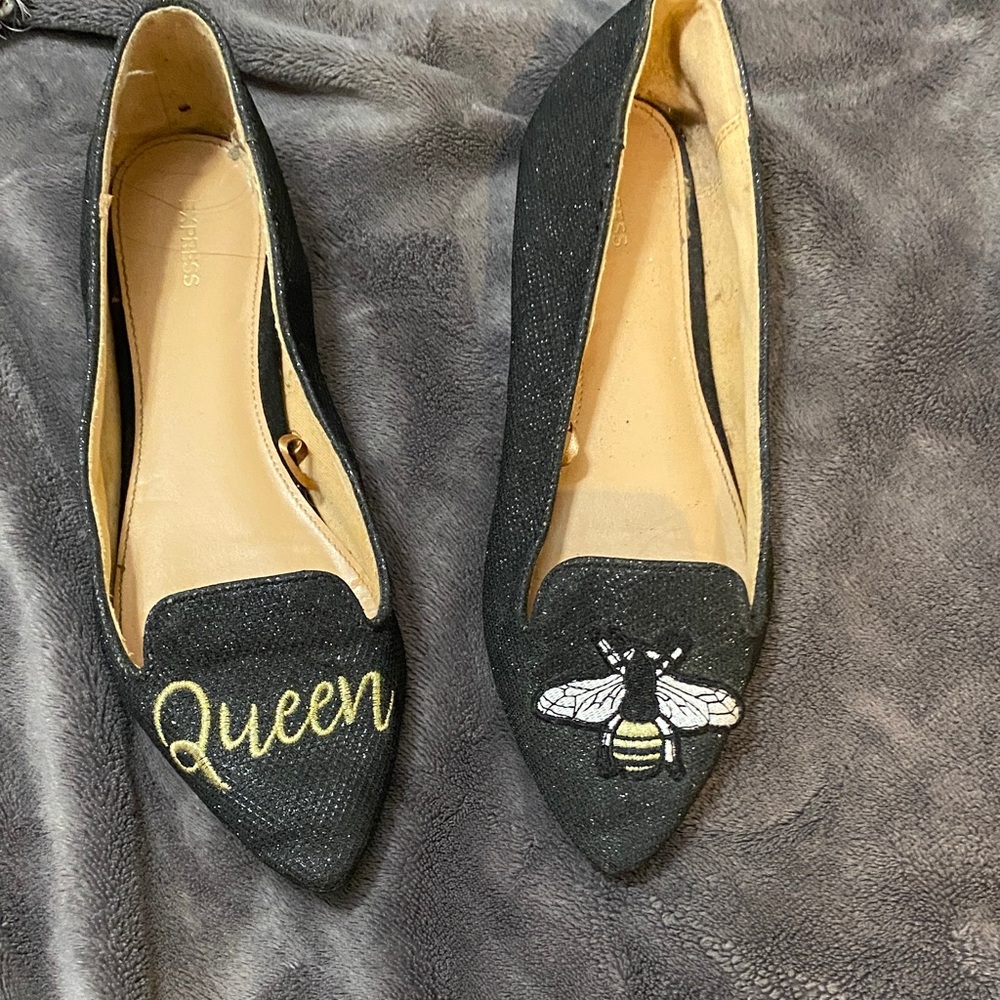 Express Black Pointed Flats with Gold "Queen" Embroidery and Bee Patch